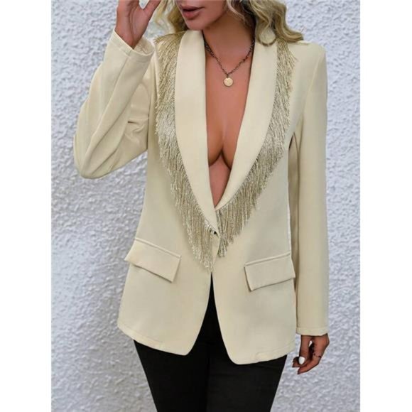Fringe Trim Plunging Neckline Blazer- Tan - Picture 6 of 6